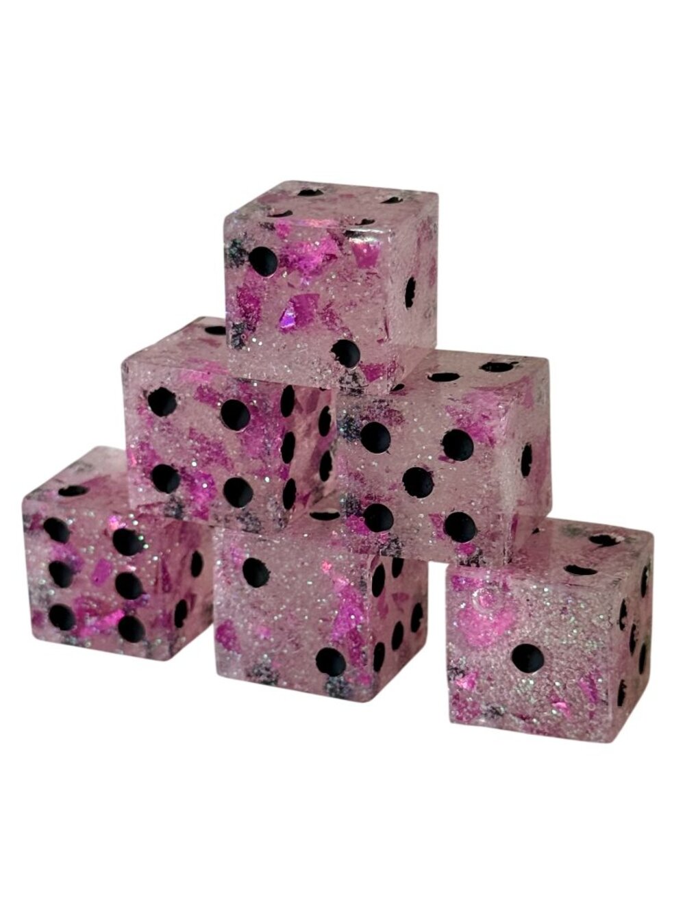 Resin Dice Set 6pcs - Pink Foil Black Dots - Handmade Replacement Dice Games